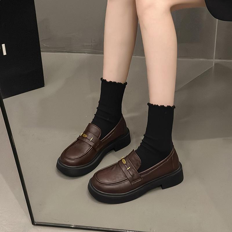Retro brown platform small leather shoes women's new spring versatile one-pedal