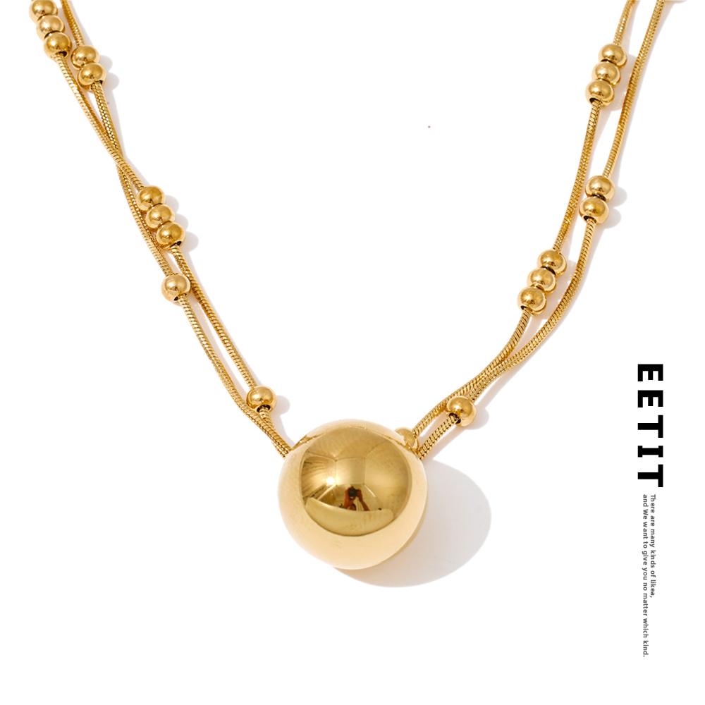 Eetit Stainless Steel Double-Layer Chain Round Stacking Necklace Pendant 16K Golden & Platinum Plated Waterproof Collar Jewelry