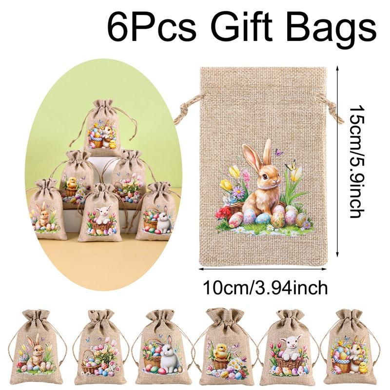 6Pcs Easter Linen Gift Bag Bunny Eggs Candy Cookie Packaging Bag Spring Easter Party Favor Supplies Kids Gifts Easter Decor 2026 as picture