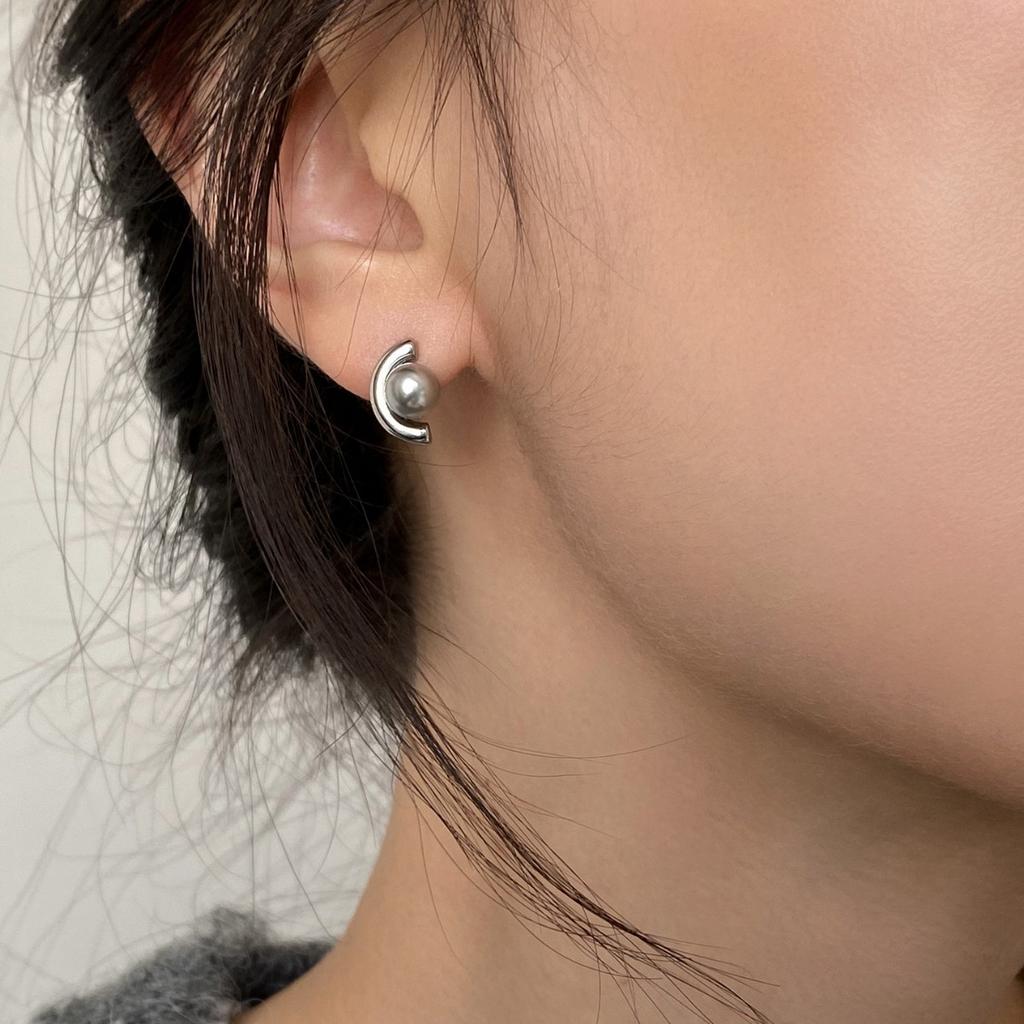 925 silver needle simple gray pearl stud earrings niche geometric curved beads