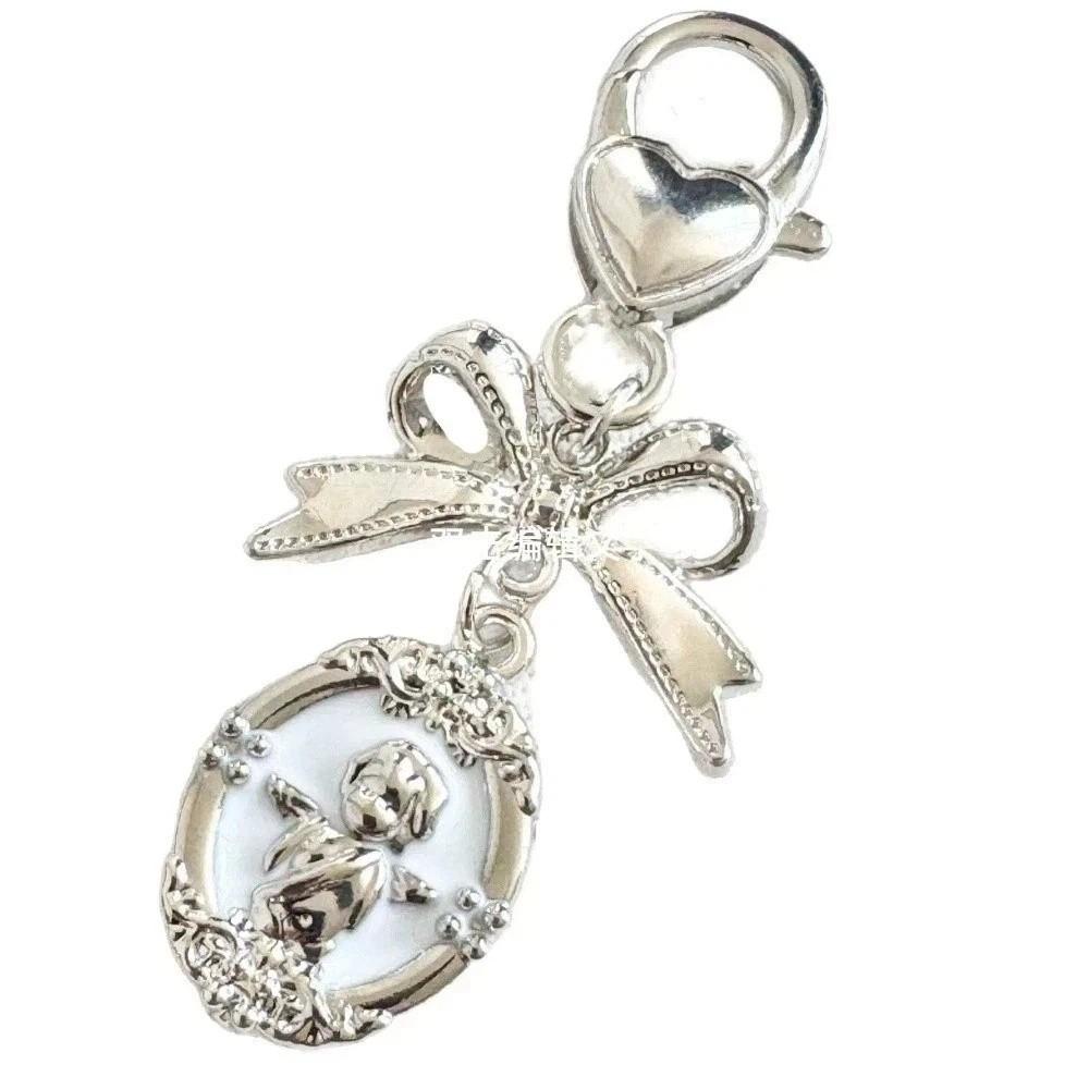 Vintage Harajuku Bowknot Keyring Rock Oval Bag Pendant Cartoon Y2K Punk Key Holder  90s Style белый