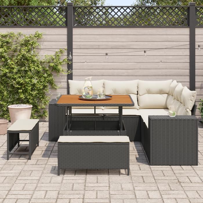 Ensemble de Canapés de Jardin 8 Pièces avec Coussins Noir Rattan Poly Acacia, Ensemble de Salle à Manger de Jardin 3 Pièces 3361995