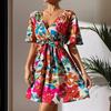 Summer Elegant Women Fashion Floral Print Cross Neck Tie Belt Dress Mature Style French Retro Patchwork Slim Sexy Elegant Women Maxi Dress
