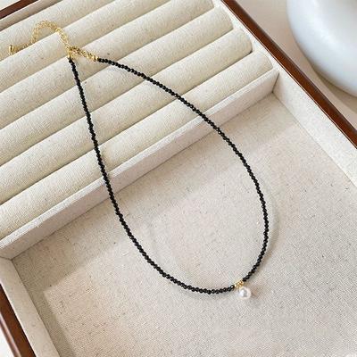 Black Crystal Collar Chain, Pearl Necklace - A Unique Summer Accessory for The Petite, Elegant Neckwear.