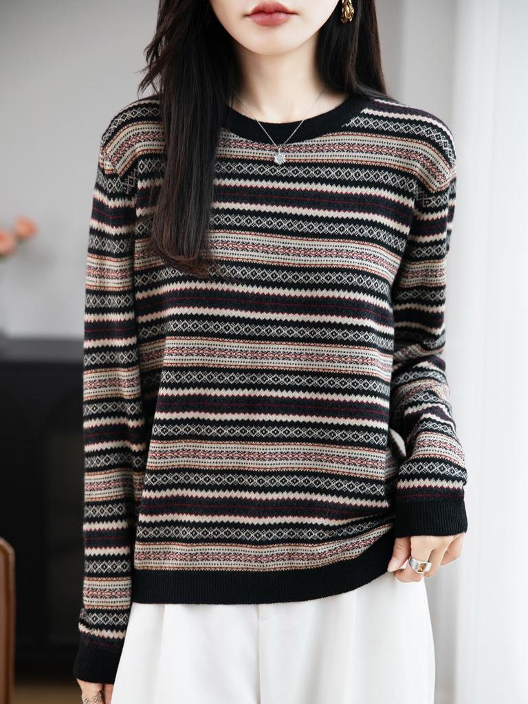 Retro Jacquard Striped Wool Blend Sweater - Women's Loose Casual Round Neck Long Sleeve Knitwear for Autumn/Winter