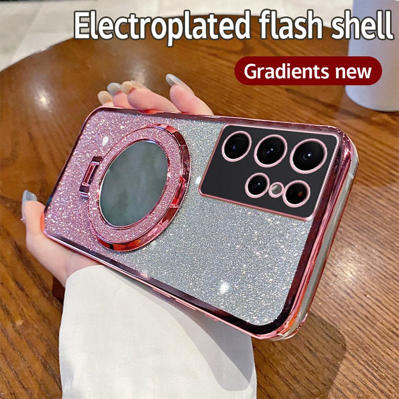 For Samsung Galaxy S22 Ultra Mirror Electroplate Lens Protector Case For Samsung S22 Plus Magnetic Bracket Bumper Glitter Cover