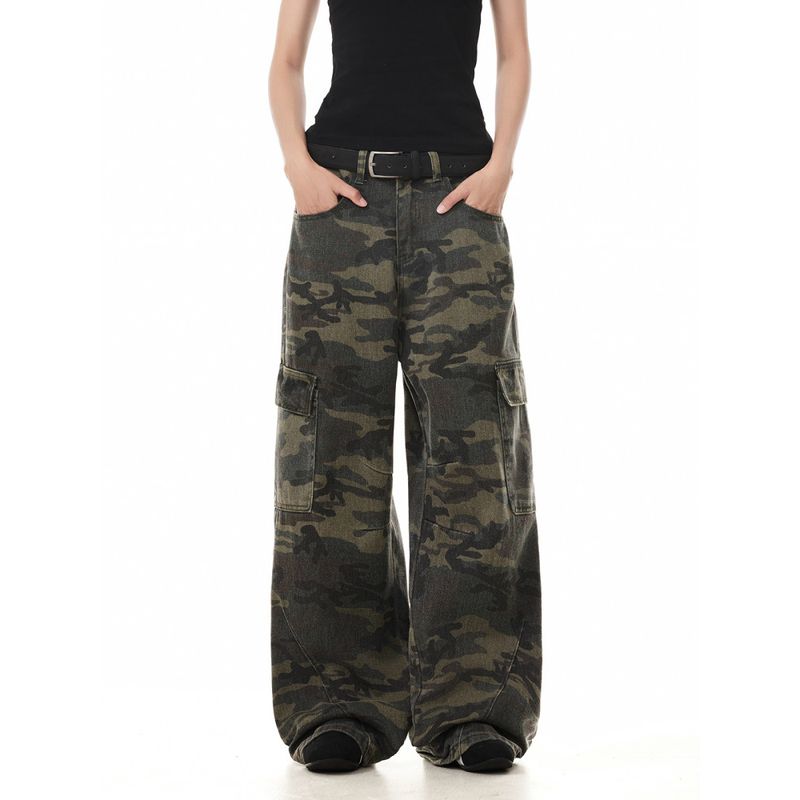 Men's Retro Washed Distressed Camouflage Overalls Men's and Women's Loose Wide-Leg American Casual Straight Multi-pockets Trousers