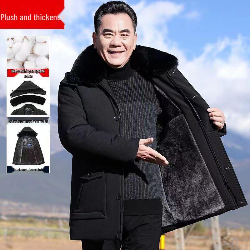 Men's Mid-Length Winter Jacket with Fleece Lining – Warm Down Cotton Coat for Middle-Aged and Elderly Dads
