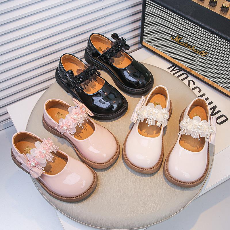 Girls Shoes Princess Shoes 2025 New Spring and Autumn Little Girl Glossy Mary Jane Soft-soled Leather Shoes Black Performance Shoes