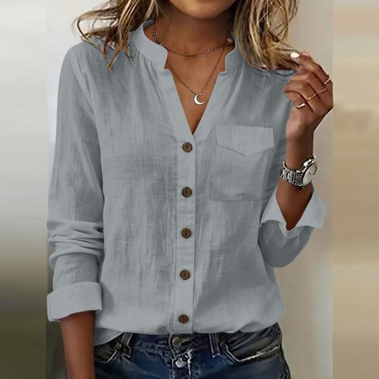 Women Shirt V Neck Long Sleeve Button Down Spring Summer Casual Tops