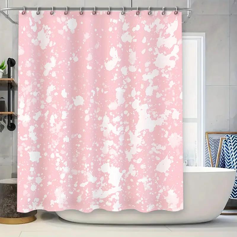 

White Splatter Print Pink Shower Curtain For Bathroom Decoration Modern Style Waterproof Bath Liner With Metal Rings W60H190(CM)-1 Pcs