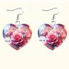1 Pair Hook Earrings Rose Flower Pattern Heart Shape Charm Drop Earrings Vibrant Color Mother Day Gift Jewelry Accessories