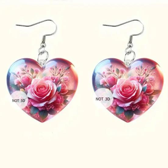 1 Pair Hook Earrings Rose Flower Pattern Heart Shape Charm Drop Earrings Vibrant Color Mother Day Gift Jewelry Accessories