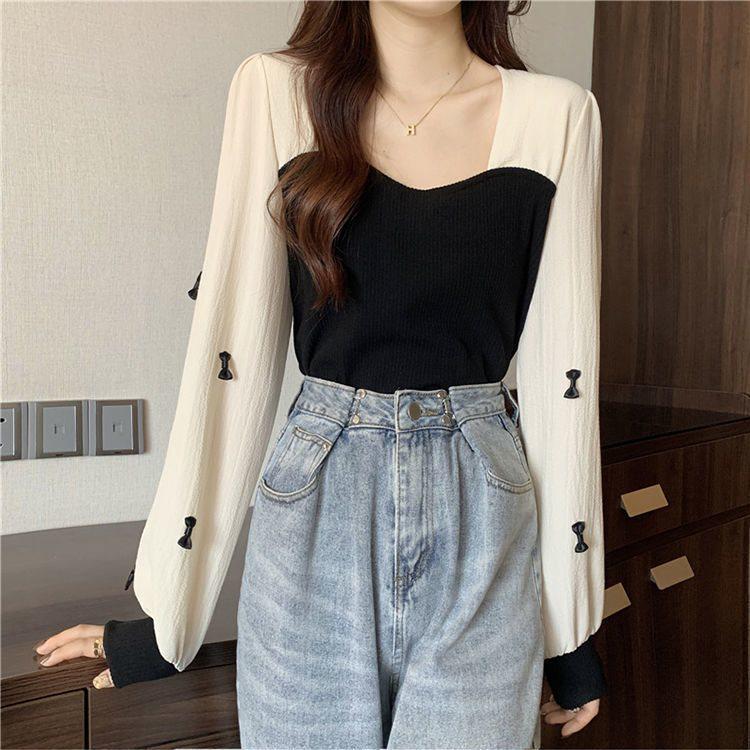 

Women s Slim Fit Patchwork Knit Top - Square Neck, Autumn/Winter 2025 Korean Design Small чёрный