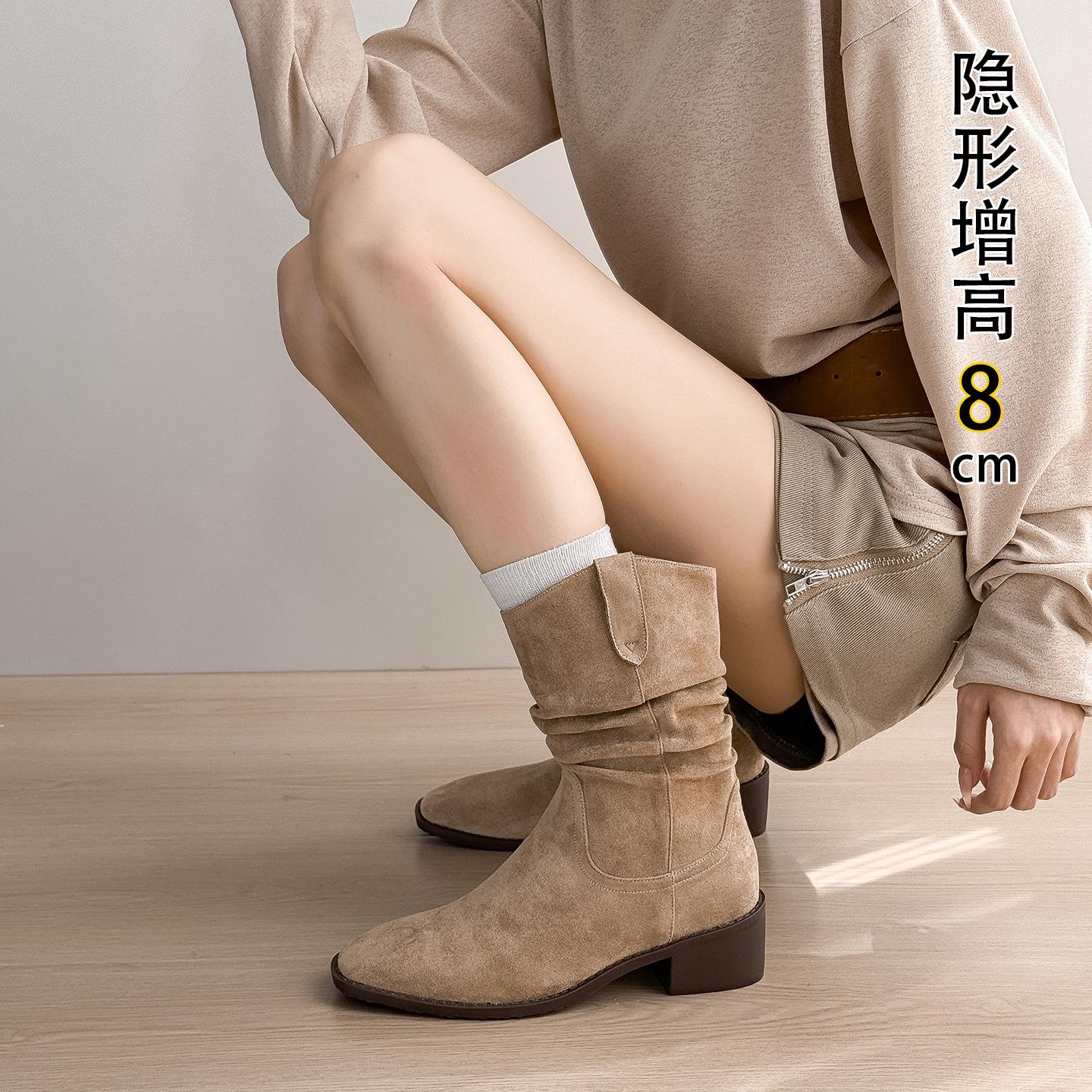 

Женские ботинки на меху, осень 2025, новые, на высоком каблуке, цвета майлард-хаки, плиссированные, в стиле вестерн, ковбойские ботильоны 40