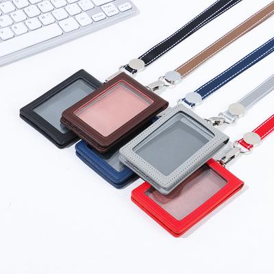 Doppel-Karten-Ausweishalter Echtes Leder Ausweis-Lanyard Namensschild Karabiner-Stil Schlüsselanhänger Clips Rollen Rückholfeder Gürtelclip Bürobedarf