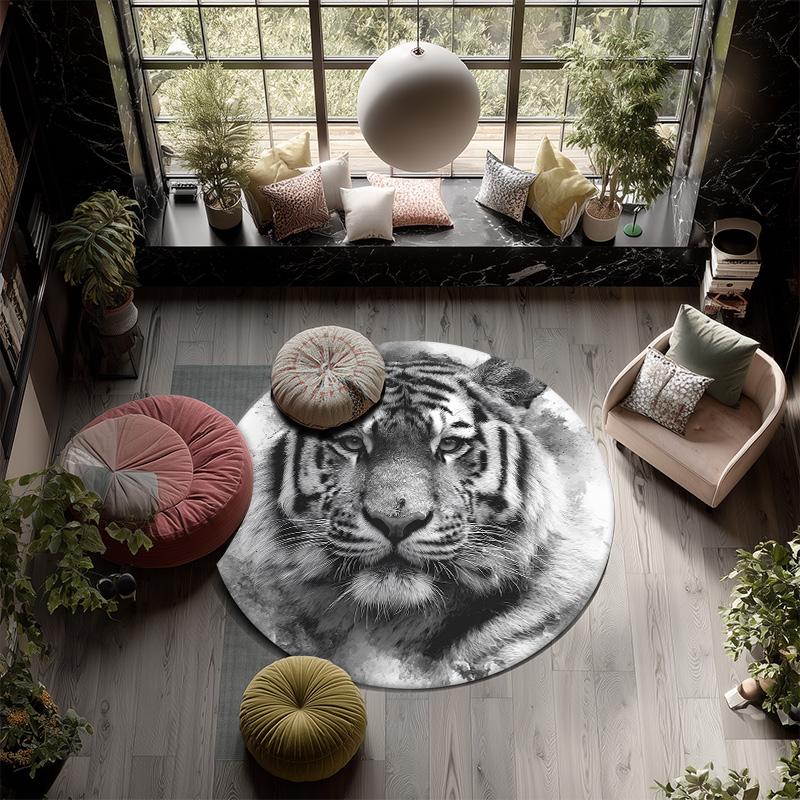Black and White Tiger Round Area Rug,Carpet Rug for Living Room Bedroom Sofa Playroom Decor,Non-slip Floor Mat
