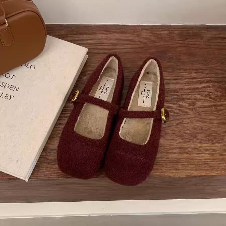 Autumn and Winter Flat Bottom Shallow Buckle Doudou Single Shoes Casual Versatile Velvet Warm Women's Cotton Shoes