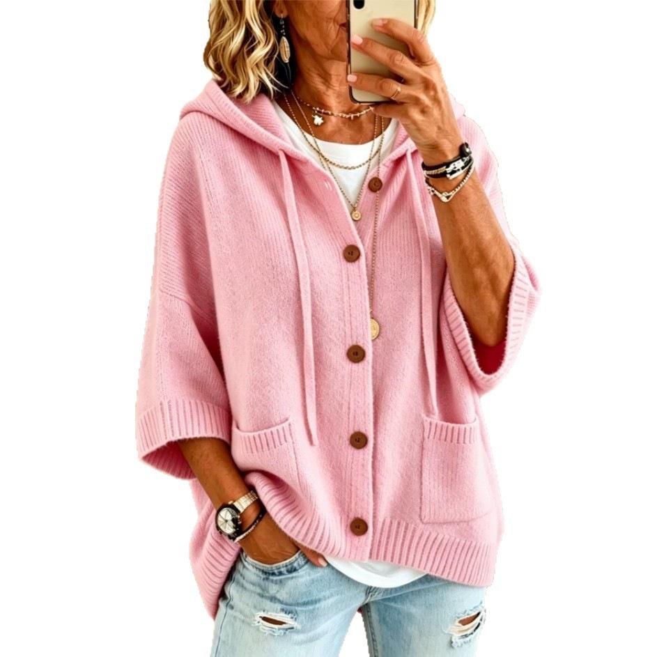 European & American Women's Button Knit Hooded Drawstring Sweater Cardigan - Autumn/Winter Collection 2026