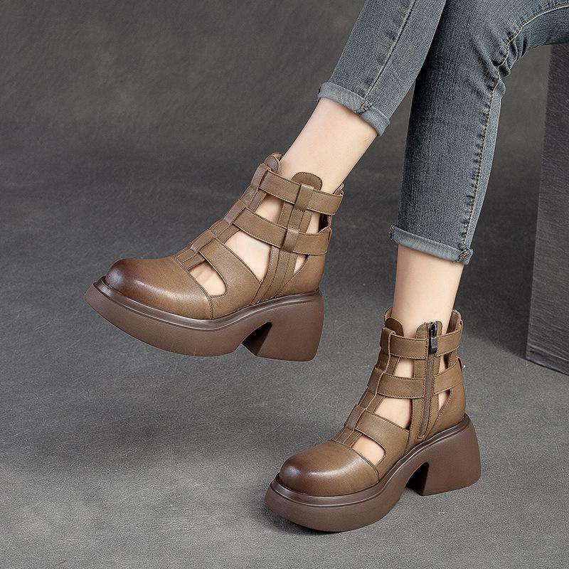 Fashion GKTINOO Women Sandals Wedges Heels Genuine Leather Round Toe Summer Fashion Female Gladiator Sandals Platform Shoes Woman
