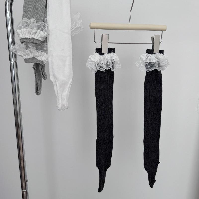Foot Treading Pile Socks Summer Lace Edge Solid Color Boneless Socks Mid-calf Socks for Women