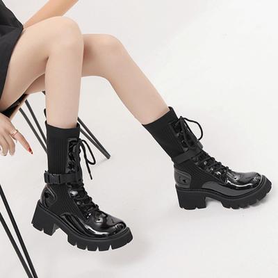 Black Patent Leather Platform Women Shoes 2024 New Fashiona Round Toe Women's Mid-Calf Boots Casual Knitting Lace Up Short Boots