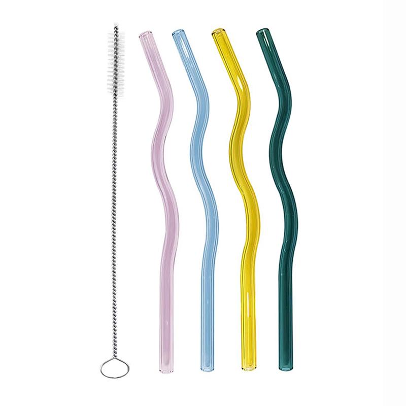 

4Pcs Wavy Glass Straws Shatter Resistant, Colored Drinking Straws with 1 Cleaner Brush for Beverages Coffee Juice Cocktail Tea