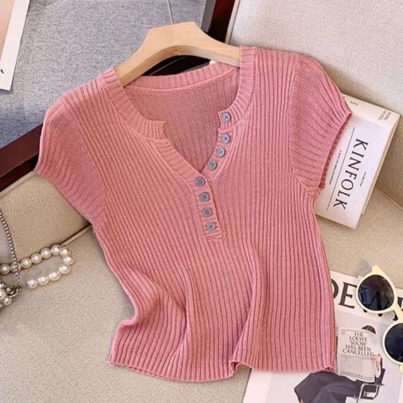 

2025 Белый вязаный укороченный топ для похудения - Летняя мода с коротким рукавом для женщин Medium розовый