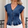 Ladies' Fashionable Casual Buckle Slim Fit Pleated Sleeveless Denim Top