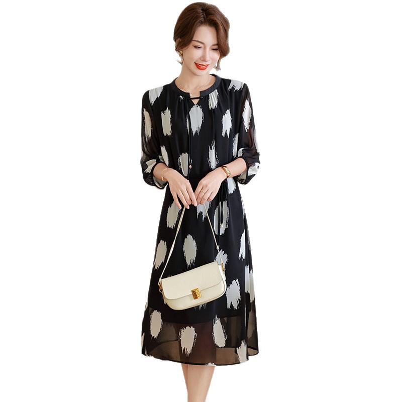 Summer Women's Short-Sleeved Chiffon Midi Dress with Meat-Print Design