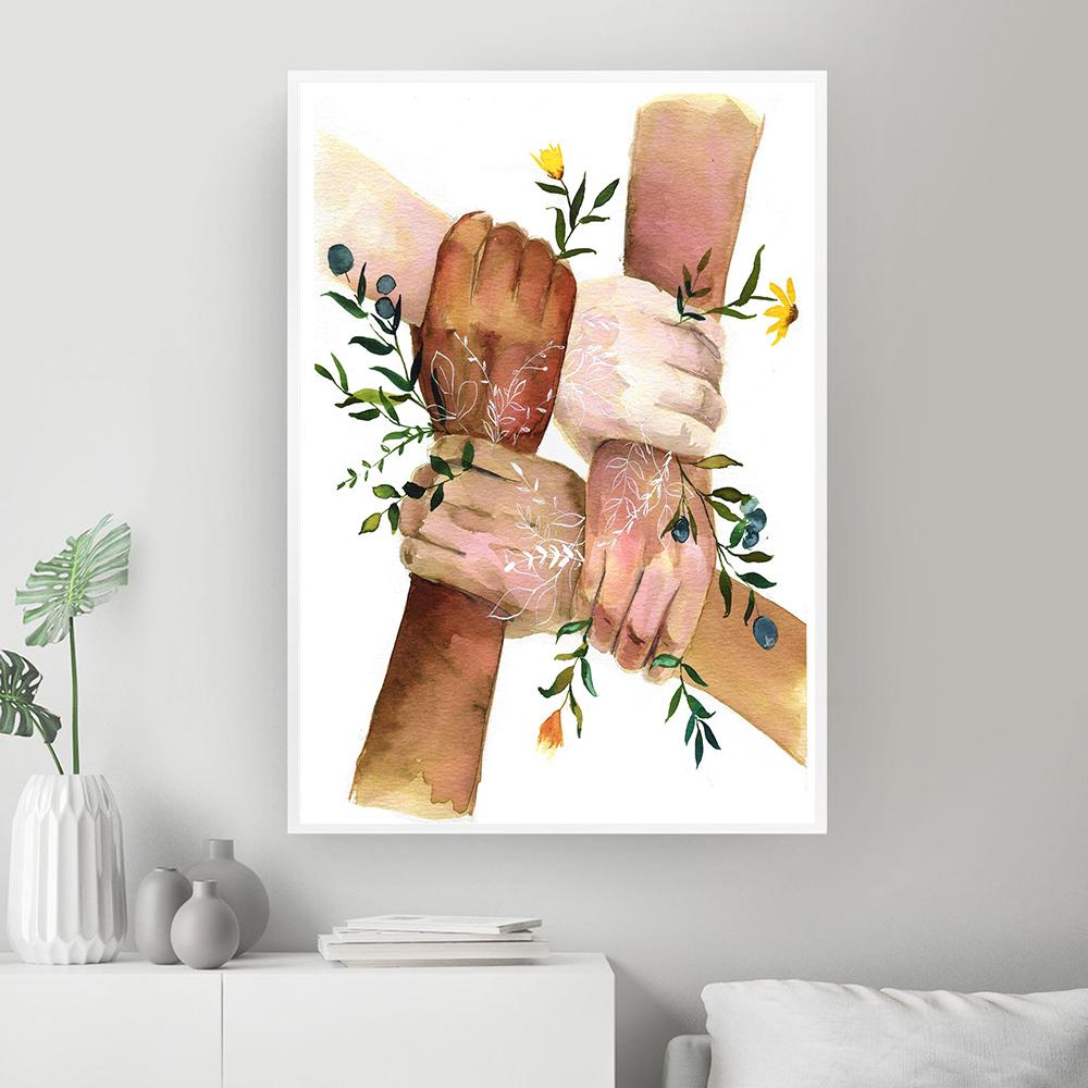 Strong Together Hand Wall Art Black White Yellow Skin Flower Abstract Poster Canvas Print Nordic Wall Pictures Room Decoration