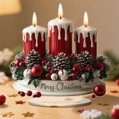 Christmas Tabletop Sign 2D Acrylic Desktop Sign with Candles Pine Cones Red Berries Pattern for Holiday Tiered Tray Home Party Decor