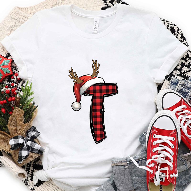 Christmas Alphabet AZ Letter Print Womens Tshirt Santa Graphic Casual Holiday Fashion Top Xmas Party Tees shirt for Women