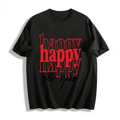 Happy New Year Double Print Casual Crew Neck Graphic Tee Pure Cotton T-shirt