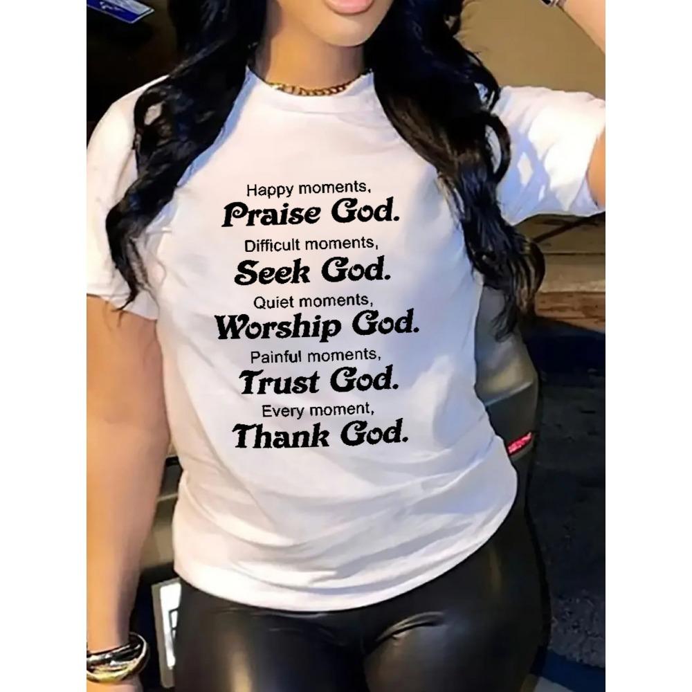 

Women Cotton Short Sleeves T-shirts Praise Seek Trust God Women s Tee Christian Quote White Top S