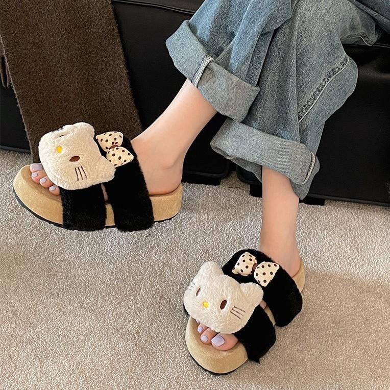 Popular Black Retro French Thick-soled Fluffy Slippers Women's 2025 New Autumn and Winter Wear with Skirts Cute Slippers