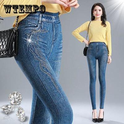 Dámské Jarní Velké Velikosti Štíhlé Dlouhé Kalhoty Vysoký Pas Elastické Skinny Tužkové Džíny Dámské Podzimní Streetwear Kamínky Ležérní Kalhoty