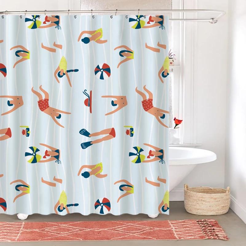 

Swimming Theme Shower Curtain Cartoon Printing Partition Hanging Water Resistance Fabric For Bath Home Bathroom Decor W60H190(CM)-1 Pcs