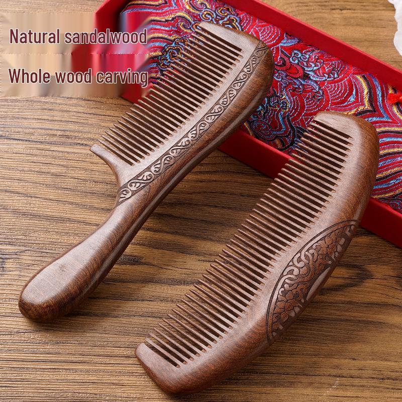 Natürliches Schwarzes Sandelholz mit Goldstaub Doppelseitig Geschnitztes Massagekamm-Set für Damen