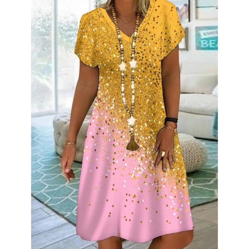 Ladies' Casual and Elegant V-neck Short Sleeved Dress for New Year's Wear, Fashionable and Atmospheric