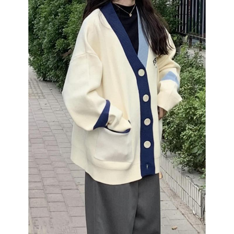 Autumn and Winter Fashion Contrasting Color Letter Embroidered Sweater Women's Cardigan Loose Knitted Sweater Jacket Large Version Women's Clothing
