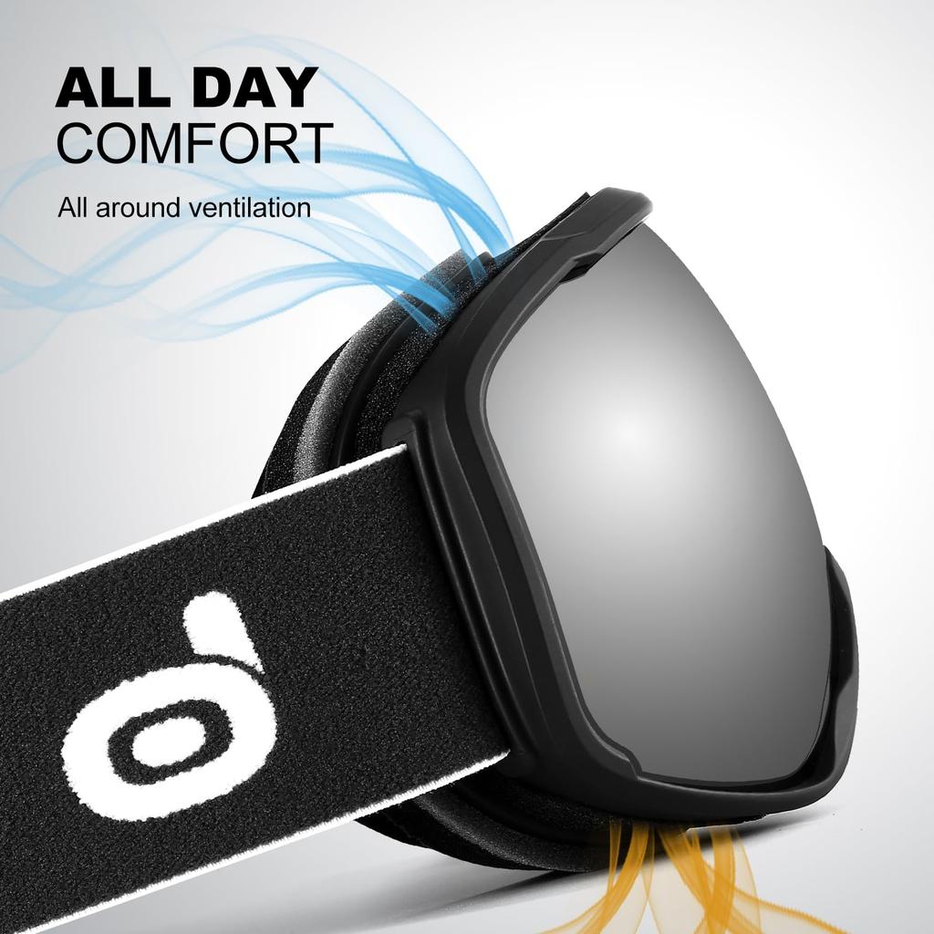 Odoland Snow Spherical OTG Glasses Mirrored UV400 Double Adult Size Silver VLT Goggles, Dual-Layer Lenses, Anti-Fog, Compatible, Lenses, Protection,