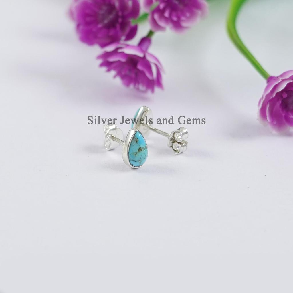 Natural Turquoise Stud Earrings, Teardrop Turquoise Studs, Tiny Stud Earrings, 925 Sterling Silver Studs, Gift for Wife