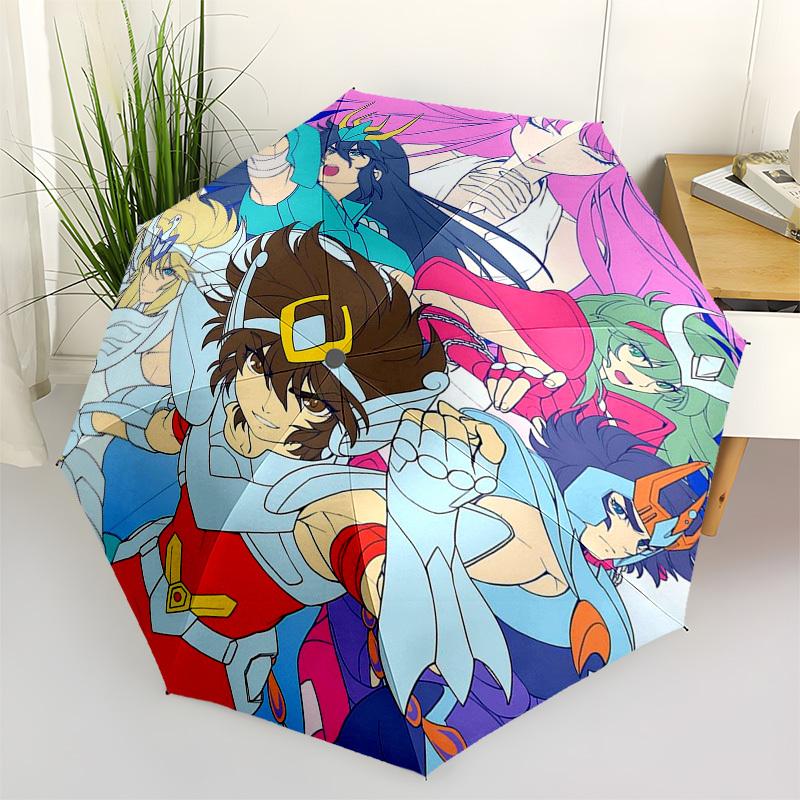 1pc Saint Seiya: Knights of the Zodiac, Auto Open Umbrella with Portable Tri-Fold Design, 8-Bone Iron Frame Outdoor Umbrella, Perfect Gift for Fans, T