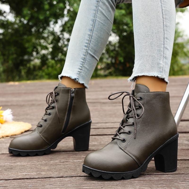 Women's Wide Width Chunky Heel Boots, Lace Up Ankle Booties Martin Style, European Thick Sole Winter Shoes for Women