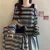 2025 Summer Women's Striped Off-Shoulder Long-Sleeve T-Shirt - Versatile, Simple, Slimming Top for Commute