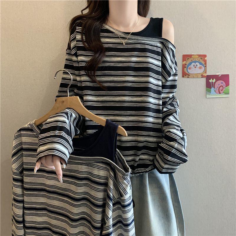 2025 Summer Women's Striped Off-Shoulder Long-Sleeve T-Shirt - Versatile, Simple, Slimming Top for Commute