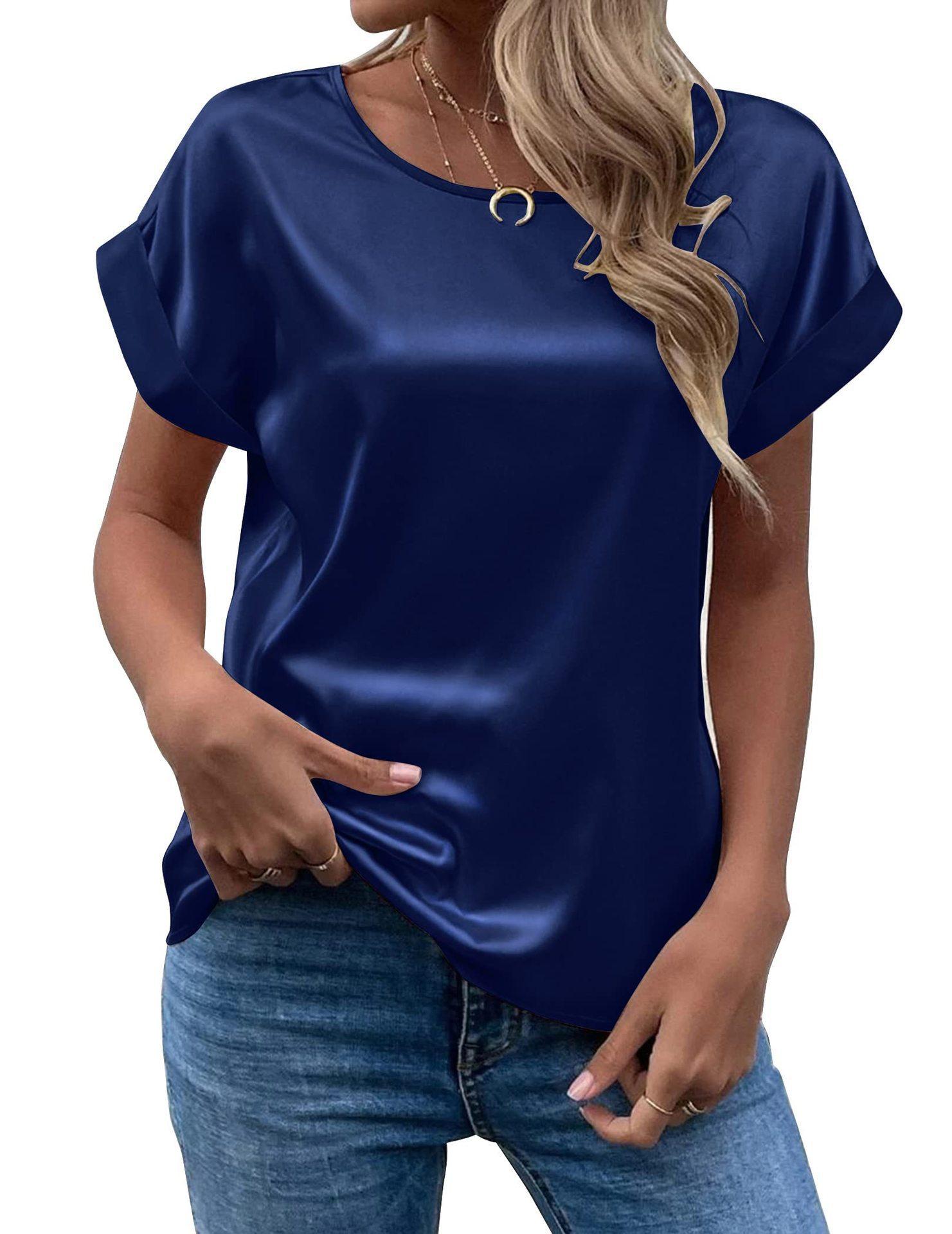 

Summer Women s T-shirt Short-sleeved Satin Shirt Loose Casual Round Neck Satin T-shirt Women s Tops for Spring Summer L темно-синього кольору