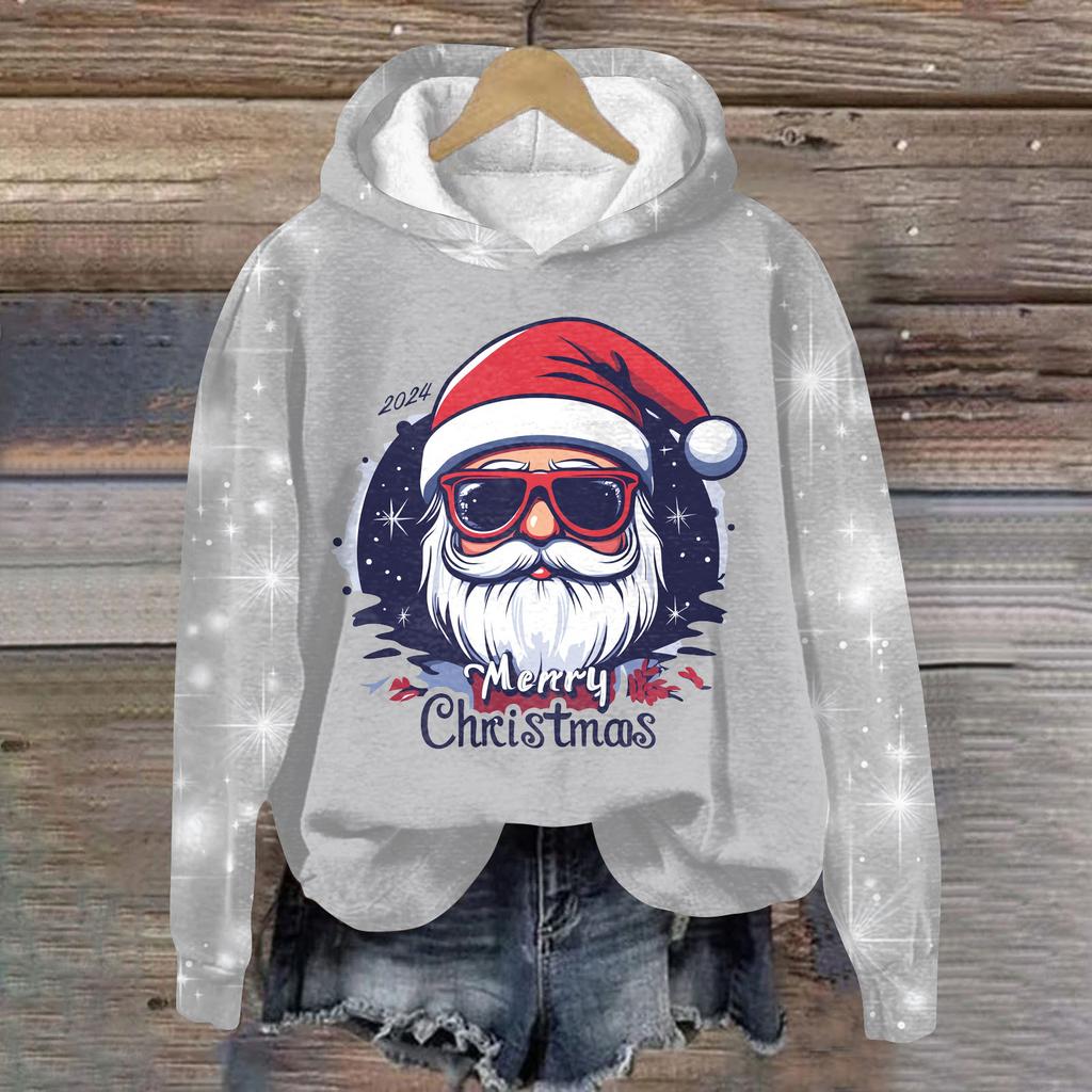 Women's Fashion Casual Pullover Plug Sleeve Christmas Printed Hooded Sweatshirt