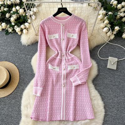 Lente Herfst Vrouwen Elegant O-hals Gebreide Trui Kantoor Feest Print Pullover Korte Jurken